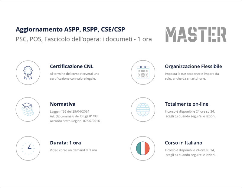 Aggiornamento ASPP, RSPP, CSE/CSP PSC, POS, Fasciolo dell'opera: i documenti per la sicurezza nei cantieri - 1 ora